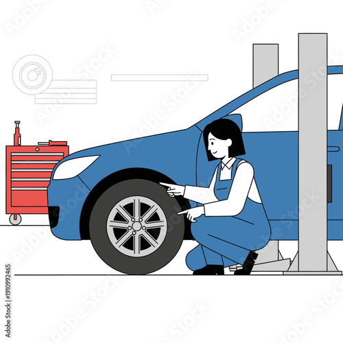 Female mechanic inspecting car tire on lift in auto repair shop