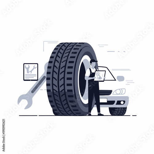 Mechanic with laptop and wrench near car tire, auto repair service concept
