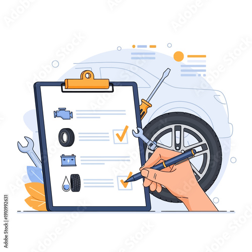 Car Maintenance Checklist: Mechanic Inspecting Vehicle Service Record with Tools