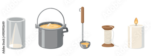 Set of candle making supplies including a mold, melting pot with wax, ladle, wick, and a finished burning candle, illustrating a DIY hobby or craft process in a flat vector style