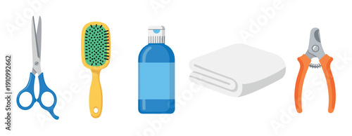 Colorful collection of pet grooming equipment including scissors, a brush, a shampoo bottle, a folded towel, and nail clippers shown in a simple cartoon vector illustration