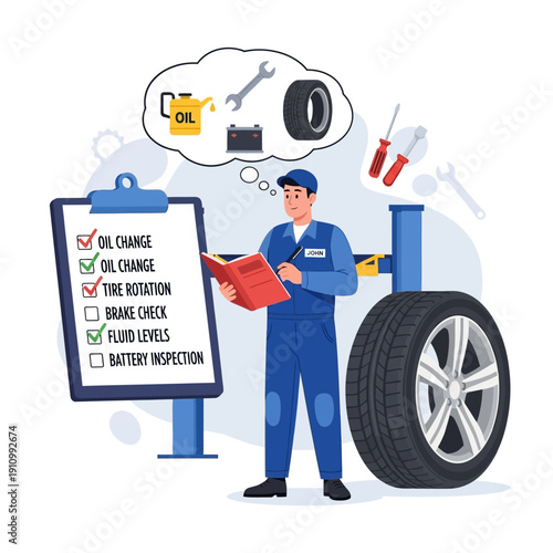 Mechanic checking car service checklist, oil change, tire rotation, brake check, fluid levels, battery inspection