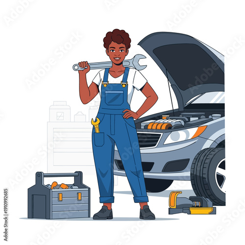Female mechanic with wrench, auto repair, car maintenance, workshop, tools, skilled woman
