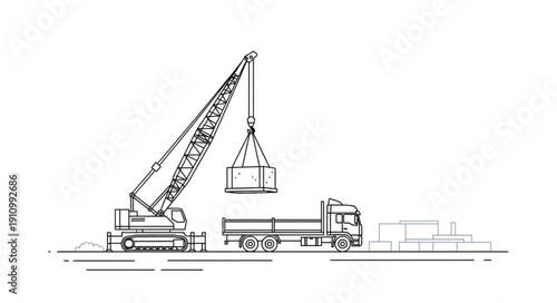 Crane Truck Technical Line Drawing.