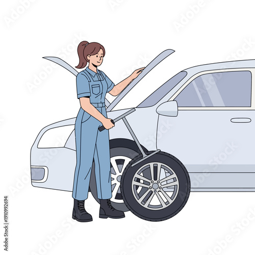 Female mechanic in blue overalls fixing a car engine with hood open, changing tire.