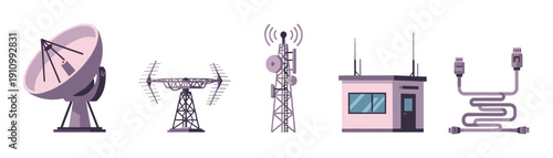 Set of telecommunication technology flat icons including a satellite dish, antenna, cell tower, station, and cables for data transmission and broadcasting concepts