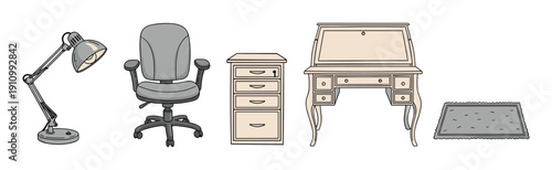 Hand-drawn set of office furniture including a desk lamp, swivel chair, filing cabinet, vintage bureau, and rug, presented in a clean, simple cartoon illustration style