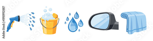 Set of car washing equipment icons including a hose nozzle, soapy bucket, sponge, water drops, side mirror, and a towel in a clean cartoon vector illustration style