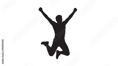 Silhouette Of Jumping Man With Raised Arms On White Background For Success And Celebration Concept