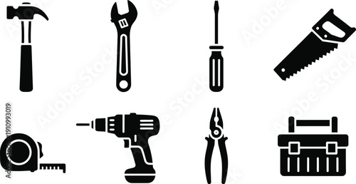Icon set of essential hand tools for diy and construction projects