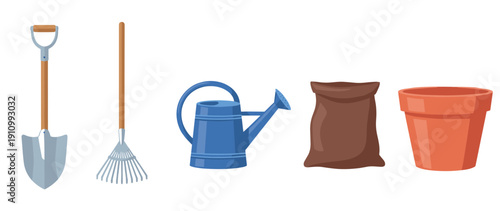 Collection of essential gardening supplies featuring a spade, fan rake, blue watering can, a sack of earth, and an empty clay flowerpot in a flat illustration style