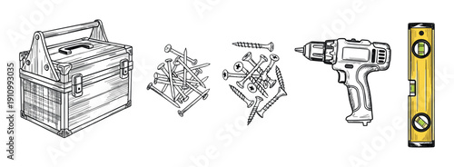 Set of hand-drawn construction tools including a toolbox, nails, screws, a cordless drill, and a spirit level in a detailed sketch style illustration for DIY projects