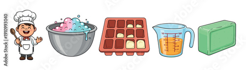 Cartoon soap making process illustration set featuring a friendly character, colorful suds, a silicone mold, liquid ingredients, and a final handmade soap bar