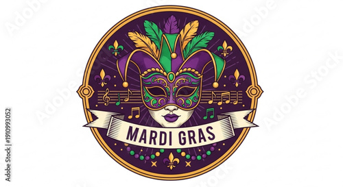 Vibrant mardi gras mask with feathers and music notes on purple background