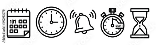 Set of black line icons representing time management concepts including a calendar, clock, ringing bell, stopwatch, and hourglass in a minimalist graphic style