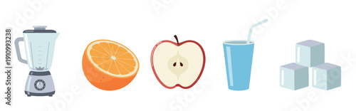 Set of smoothie making ingredients and equipment with a blender, sliced orange, apple half, a glass with a straw, and ice cubes, shown as a simple flat design vector illustration
