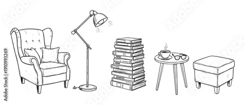 Hand-drawn sketch set of cozy reading nook furniture including a wingback armchair, floor lamp, book stack, coffee table, and ottoman in a simple black and white line art style