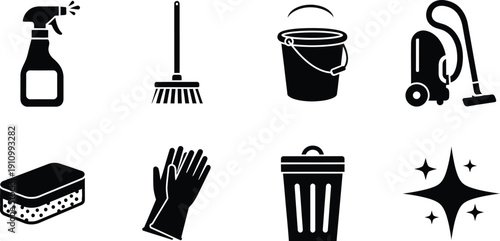 Cleaning icon set for household and janitorial services featuring essential tools and supplies