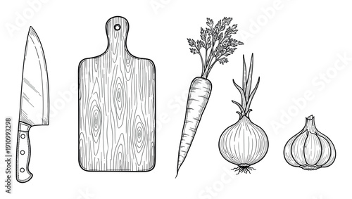 Hand drawn cooking ingredients and kitchen tools including a knife, wooden cutting board, carrot, onion, and garlic in a vintage black and white engraving sketch style illustration set
