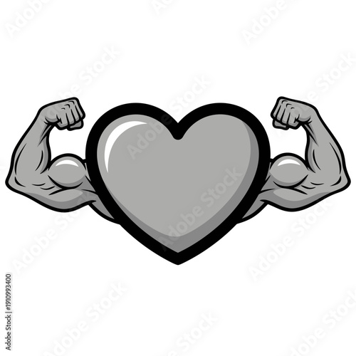 Heart Symbol with Muscular Arms Representing Strong Health on Isolated White Background