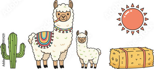 Cute Alpaca and Llama Vector Illustration Set with Mother and Baby Animals Green Cactus Saguaro Hay Bale and Sun Graphic Icons