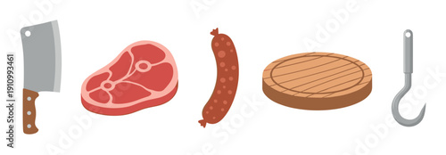 Collection of butcher shop items and meat products including a cleaver, steak, sausage, cutting board, and hook in a flat vector illustration style for culinary concepts