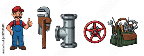 Set of cartoon plumbing illustrations featuring a friendly plumber, pipe wrench, pipe fitting, red valve, and a toolbox full of equipment for repair and maintenance service