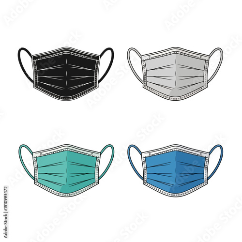 Collection of Four Surgical Face Masks in Various Colors on Isolated White Background