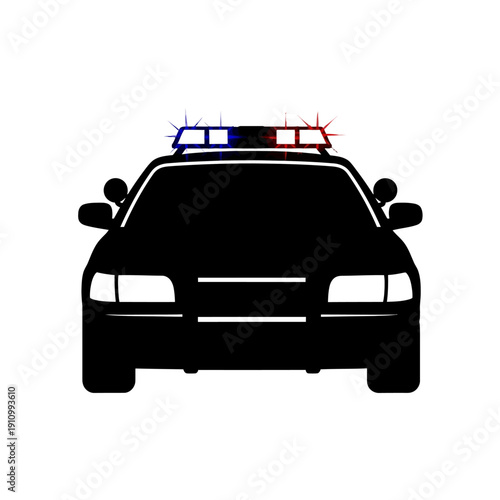 Front View of a Police Car with Flashing Red and Blue Lights, Isolated White Background