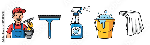 Set of window cleaning service icons featuring a cartoon cleaner, squeegee, spray bottle, soapy bucket, and cloth in a simple vector illustration style for professional housekeeping