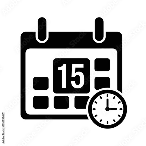 Calendar Icon Showing Date 15 with an Associated Clock Icon, Isolated White Background
