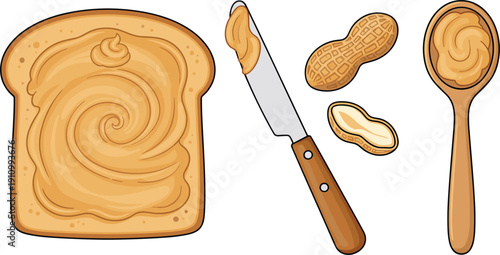 Peanut Butter Toast Vector Illustration Set with Creamy Spread on Bread Slice Peanuts Wooden Spoon and Butter Knife Icons