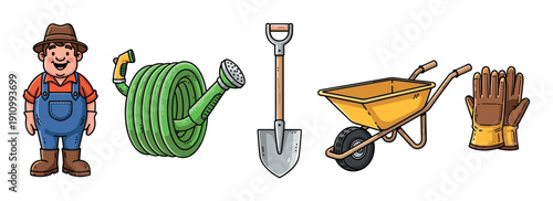 Set of colorful cartoon gardening tools with a friendly gardener, hose, shovel, wheelbarrow, and gloves, depicted in a simple and cheerful hand-drawn illustration style