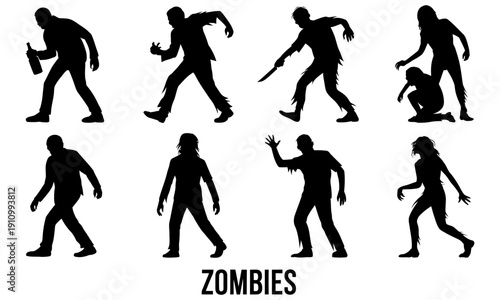 set of zombie silhouettes in various poses on white background  undead characters for halloween or horror designs