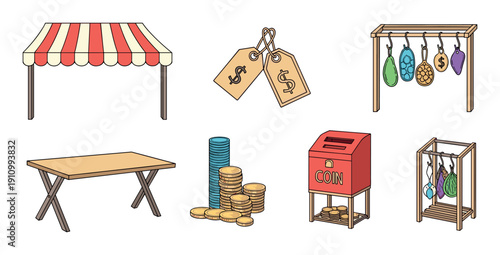 Collection of illustrated market stall elements including a striped awning, price tags, coins, and a coin box, representing commerce, trade, and small business concepts