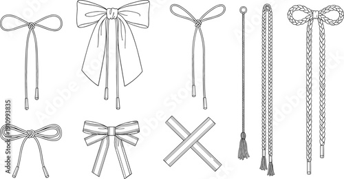 Technical vector line art set of drawstring cords ribbon bows and braided ties for fashion apparel design