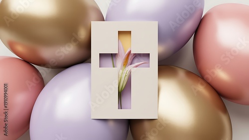 Christian Easter campaign visual, modern advertising layout, symbolic cross blended with Easter elements, elegant typography space, pastel and gold tones, premium brand style, high-end mockup, studio