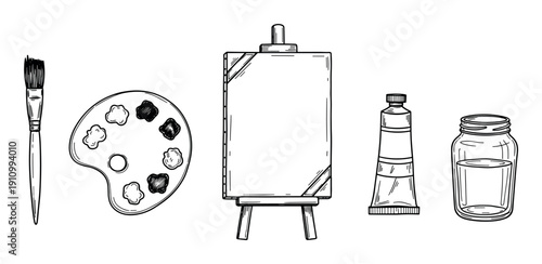 Set of hand-drawn artist tools including a paintbrush, palette, easel, paint tube, and water jar in a black and white sketch style illustration for creative projects
