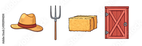 Set of agricultural cartoon illustrations with a straw farmer hat, a three-pronged pitchfork, a rectangular hay bale, and a classic red wooden barn door with metal hinges