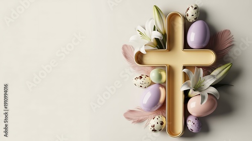 Christian Easter campaign visual, modern advertising layout, symbolic cross blended with Easter elements, elegant typography space, pastel and gold tones, premium brand style, high-end mockup, studio