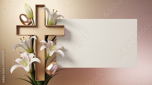 Christian Easter campaign visual, modern advertising layout, symbolic cross blended with Easter elements, elegant typography space, pastel and gold tones, premium brand style, high-end mockup, studio