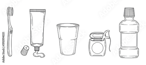 Hand-drawn set of dental hygiene items including a toothbrush, toothpaste, cup, floss, and mouthwash, illustrated in a simple black and white line art sketch style