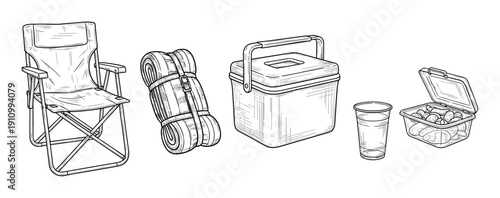 Collection of hand-drawn camping equipment including a folding chair, sleeping bag, cooler, cup, and snacks in a black and white sketch style for outdoor recreation