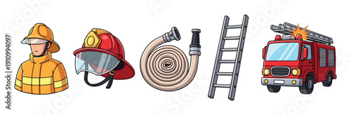 Collection of firefighter equipment icons including a person, helmet, hose, ladder, and fire truck in a colorful cartoon illustration style representing emergency services