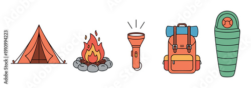 Set of colorful camping equipment icons including a tent, campfire, flashlight, backpack, and sleeping bag, presented in a simple, flat cartoon illustration style for outdoor adventure themes