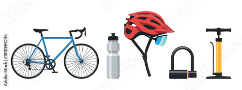 Collection of cycling equipment and accessories including a blue road bike, red helmet, water bottle, U-lock, and floor pump arranged in a row for a flat vector illustration