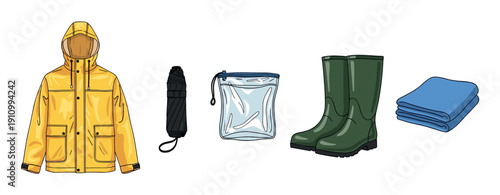 Collection of colorful rainy weather gear featuring a yellow hooded jacket, green rubber boots, a folded umbrella, a waterproof pouch, and a blue towel in a clean illustration style