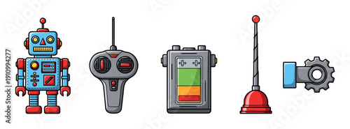 Set of colorful cartoon robot icons including a toy android, remote control, battery, plunger, and gear in a flat vector illustration style