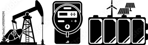 Industrial energy resources icons with oil pump smart meter and battery bank