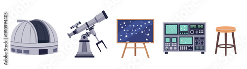Set of astronomy and observatory equipment featuring a telescope, dome, star chart, control panel, and stool in a flat vector illustration style for scientific or educational concepts